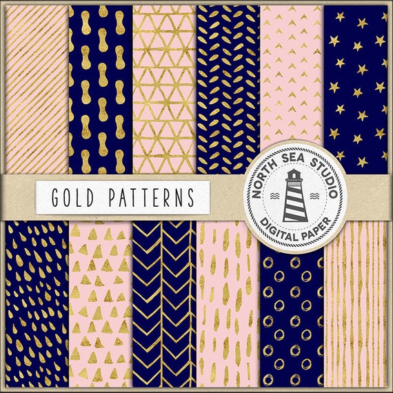 Hand Drawn Patterns | Scrapbooking Paper | Rose Blue Gold Papers | Hand Drawn Patterns | 12 JPG, 300dpi Files | Instagram Post Backgrounds Il_570xn