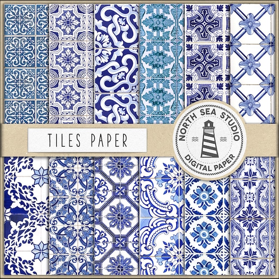 Portuguese Tiles Digital Paper Patterns Blue
