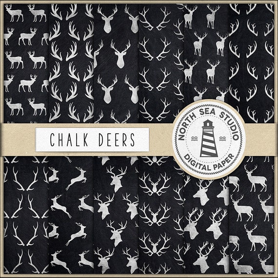 CHALKBOARD WOODLAND, Deers Digital Paper, Deers & Antlers Patterns, Deer Paper, Woodland Deers Patterns Il_570xn