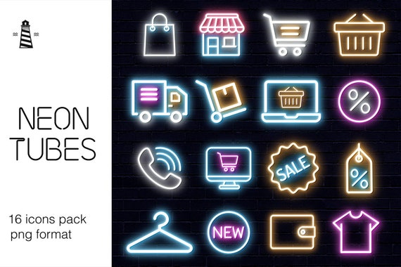 E-commerce Colorful Neon Icons, Shop, Blog Or Marketing Icons, Glow Neon Lights, Website Branding Il_570xn
