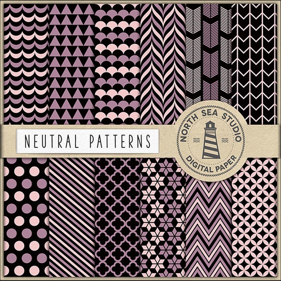 Neutral Digital Paper Pack | Scrapbook Paper | Printable Backgrounds | Triangles, Stripes, Quaterfoil Patterns | 12 JPG, 300dpi Il_570xn