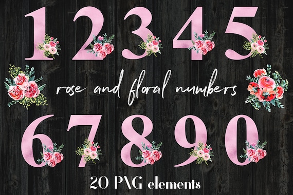 Rose And Floral Numbers Clipart, Rose Foil And Watercolor Flower Numbers, For Wedding Invitations, Card Making, Scrapbooking Il_570xn