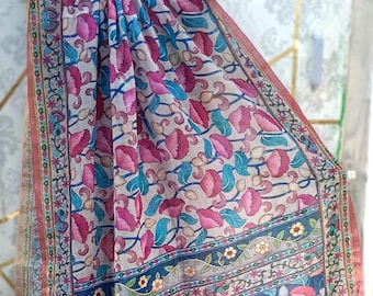 Semi Linen Kalamkari print Dupatta | Soft Cotton Stole with Zari Edge and Tassels