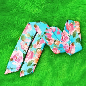 Handmade Satin floral skinny scarf - Purse-Hair-Neck, Bow, Tie headband, Handbag flair-Satin Scarf, skinny scarf gift for her hair accessory