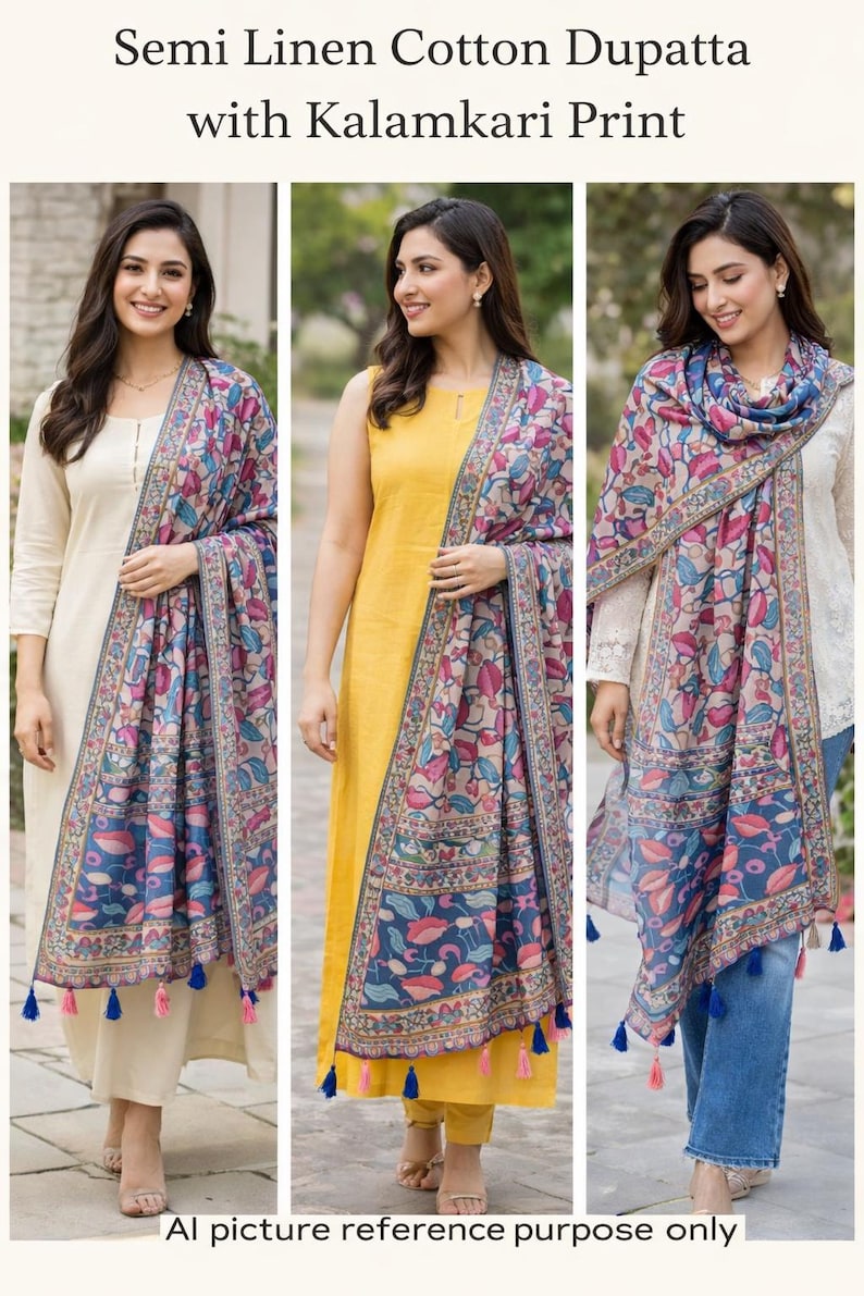Puede incluir: Dupatta de algod&oacute;n y semi-lino con estampado Kalamkari. La imagen muestra a tres mujeres con coloridas bufandas. Las bufandas tienen un borde azul con un dise&ntilde;o floral en rosa, azul y verde. Las bufandas tienen borlas en los extremos.