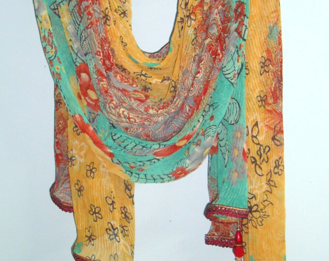 Yellow and Green Color Floral Design Pleated Silk Scarf - Etsy