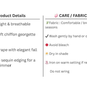 May include: Image with product details and care instructions. The product is lightweight, breathable, and made of plain soft chiffon georgette fabric. It features a flowy drape with sequin edging. Care instructions include hand wash, avoid bleach, dry in shade, and iron on a warm setting.
