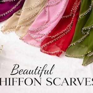 May include: A collection of chiffon scarves in various colors, including green, red, pink, and beige. Each scarf has a beaded trim along the edges. The text "Beautiful Chiffon Scarves" is displayed.