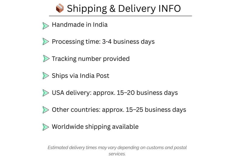 Puede incluir: Gr&aacute;fico de Informaci&oacute;n de Env&iacute;o y Entrega con texto: Hecho a mano en India, Tiempo de procesamiento 3-4 d&iacute;as h&aacute;biles, N&uacute;mero de seguimiento proporcionado, Se env&iacute;a a trav&eacute;s de India Post, Entrega en EE. UU. aprox. 15-20 d&iacute;as h&aacute;biles, Env&iacute;o mundial disponible.