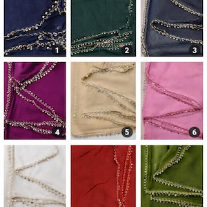 May include: Nine color options of fabric with sequin trim are displayed. Colors include navy, dark green, charcoal, purple, beige, pink, white, red, and olive green. The text "9 Color Options" is at the top.