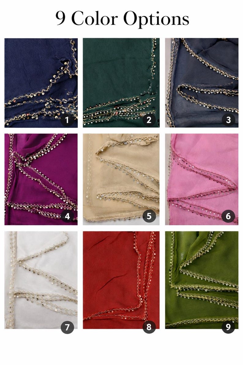 May include: Nine color options of fabric with sequin trim are displayed. Colors include navy, dark green, charcoal, purple, beige, pink, white, red, and olive green. The text "9 Color Options" is at the top.