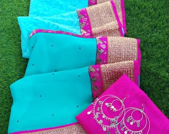 Aqua blue Georgette and brasso designer saree with pink border,women fashion saree,wedding saree/Indian designer saree/FREE GIFT INCLUDED
