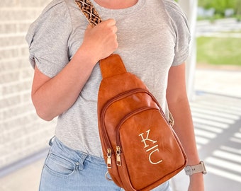 Monogrammed Sling Backpack, Personalized Sling Bag, Sling Pack Womens, Vegan Leather Crossbody, Guitar Strap, Personalized Gift, Sarasota