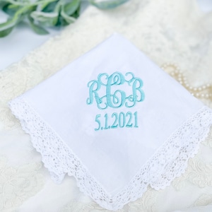 Monogram Handkerchief Bridal Handkerchief Personalized Handkerchief Wedding Hankie Wedding Hankie Something Blue Bridal Hankie image 1