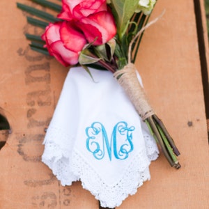 Monogram Handkerchief Bridal Handkerchief Personalized Handkerchief Wedding Hankie Wedding Hankie Something Blue Bridal Hankie image 4