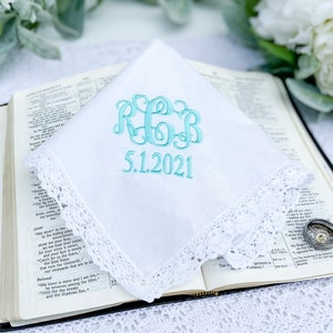 Monogram Handkerchief Bridal Handkerchief Personalized Handkerchief Wedding Hankie Wedding Hankie Something Blue Bridal Hankie image 3