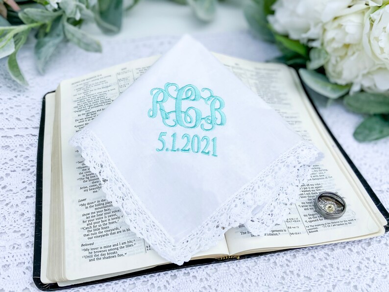 Monogram Handkerchief Bridal Handkerchief Personalized Handkerchief Wedding Hankie Wedding Hankie Something Blue Bridal Hankie image 3
