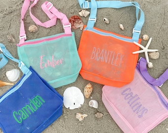 Personalized Shell Bag for Kids, Embroidered Seashell Bag, Beach Trip Essential, Kids Gift for Summer Vacation, Mesh Tote with Name