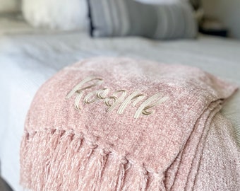 Chenille Throw Blanket with Fringe Tassels, Personalized Blanket with Name, Large Throw Blanket for Adults, Personalized Gift for the Home