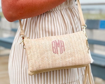 Custom Initials Wristlet Clutch, Straw Purse, Summer Birthday Gift for Her, Monogrammed Straw Purse, Birthday Gift for Mom, Straw Crossbody