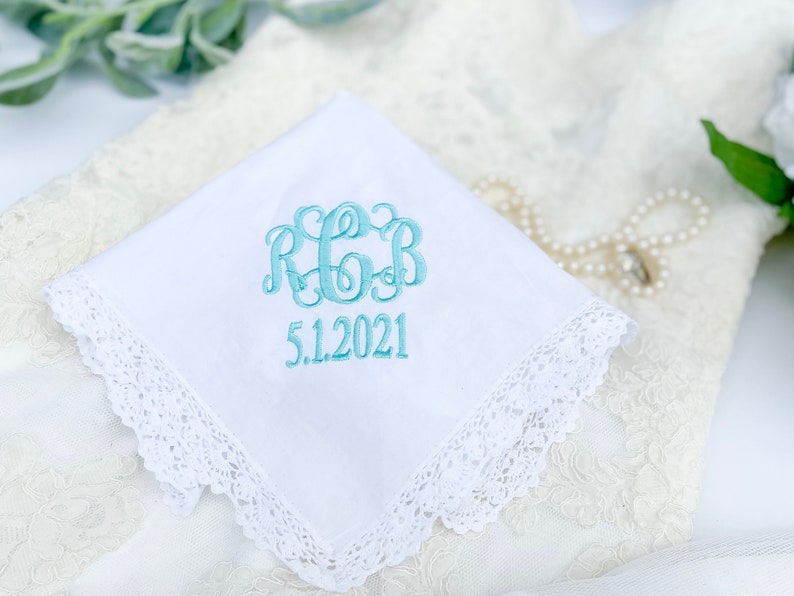 Monogram Handkerchief Bridal Handkerchief Personalized Handkerchief Wedding Hankie Wedding Hankie Something Blue Bridal Hankie image 1
