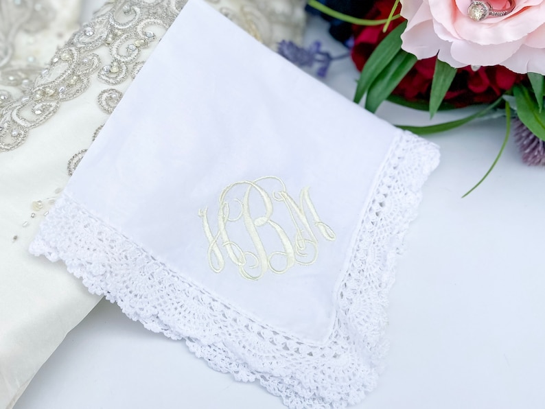 Monogram Handkerchief Bridal Handkerchief Personalized Handkerchief Wedding Hankie Wedding Hankie Something Blue Bridal Hankie image 2