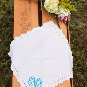 Monogram Handkerchief Bridal Handkerchief Personalized Handkerchief Wedding Hankie Wedding Hankie Something Blue Bridal Hankie image 5
