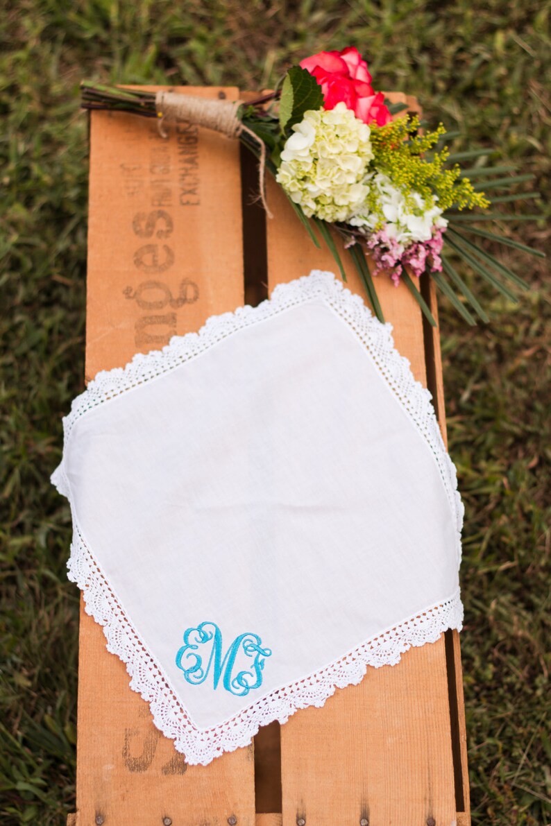 Monogram Handkerchief Bridal Handkerchief Personalized Handkerchief Wedding Hankie Wedding Hankie Something Blue Bridal Hankie image 5