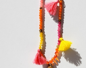 Orange and yellow agate choker necklace, long pink and yellow tassels necklace, boho indian silver bell necklace, boho style necklace