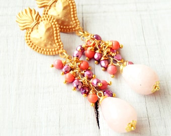 Brass sacred heart earrings-mexican style earrings-rockabilly earrings-victorian pink earrings-earrings for psychologist-gift for boho girl