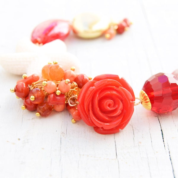 Red roses stud bracelet, white starfish cuff bracelet, red charms bracelet, ethnic bracelet, boho bracelet, boho jewels, bracelet for her