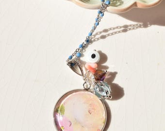 Handmade floral necklace with blue beaded chain, Romantic pendant jewelry with charms, Boho floreal necklace, Unique gift for flower lover