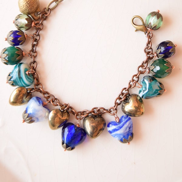 Blue pottery heart bracelet, little silver bell bracelet, druzy amethyst charms bracelet, art nouveau bracelet, bracelet under 30 for her