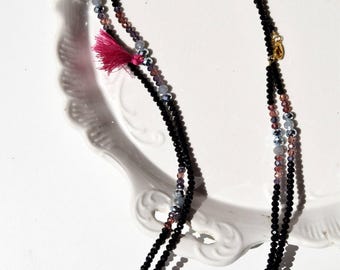 Double wrap necklace with black, purple silver beads, choker necklace fuchsia cotton tassels, long necklace gold steel clasp, moms boho gift