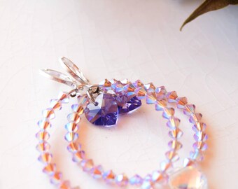 Purple heart earrings, purple svarowski crystals earrings, simple sparkling earrings, boho mom earrings, valentines earrings, moms gift