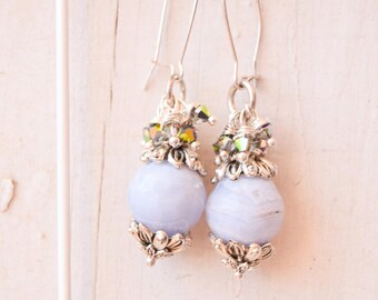 Chalcedony Earrings with Pink and Iridescent Swarovski Crystals, Art Nouveau Elegant earrinsg, sparkling Women Jewelry, art nouveau earrings