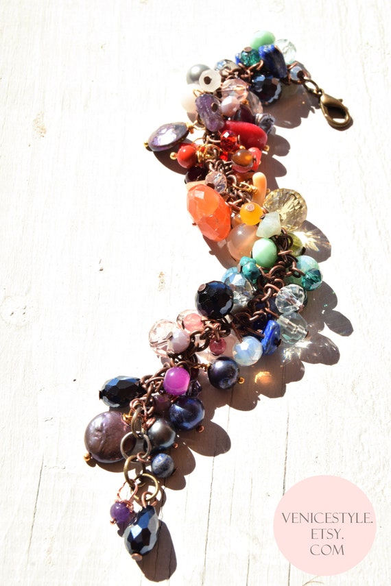 Rainbow Stuff Bracelet, Rainbow Beads Bracelet, Rainbow Crystals Bracelet,  Amethyst Bracelet, Pink Quartz Bracelet, Ethnic Bracelet for Her 