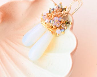 Moonstone Drop Earrings with Pink & Iridescent Swarovski Crystals – Art Nouveau Elegant Christmas Gift Jewelry, unique xmas gift for her