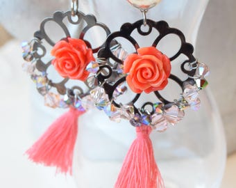 Pink Coral Tassel Earrings, Salmon Pink Rose Dangle Earrings, Boho Chic Crystal Jewelry, Statement Fringe Drop Earrings, Unique Gift for Her