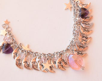 Celestial Charm Bracelet,Silver Moon and Star Dangles,Whimsigoth Witchy Jewelry,Hypoallergenic Chain Bracelet,Romantic Gift Crystals Her