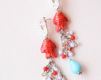 Red goldfish pottery earrings, turquoise drop earrings, silver brass charms earrings, art nouveau earrings, animal lover earrings, moms gift