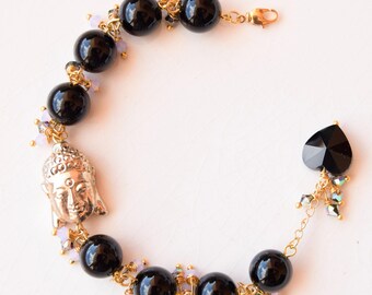 Buddha Bracelet in Gold Resin with Black Onyx, Iridescent & Clear Swarovski Crystals and Black Crystal Heart – Spiritual Meditation jewels