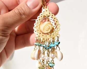 Gold Chandelier Shell Earrings with Roses, Boho Chic Statement Dangle Earrings, Mermaidcore Summer Jewelry, Lightweight Gift for Her