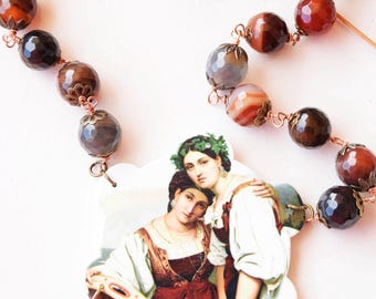 Classical painting carnelian necklace, big carnelian necklace, art nouveau necklace, green drop agate necklace,  moms gift, valentines gift
