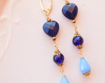 Art Nouveau Lapis Lazuli Heart Earrings,Deep Blue Resin Dangle,Light Blue Teardrop,Victorian Vintage Gemstone Jewelry,Hypoallergenic Gift