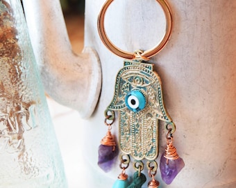 Hamsa Keychain with Raw Amethyst and Evil Eye Charm,Protection Amulet, Handmade Boho Keyring,Lucky Gift for Her, Art Nouveau keychain