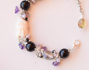 Buddha Bracelet in Cream Resin with Black Onyx, Amethyst Druzy & Swarovski Crystals bracelet, Spiritual Meditation Energy Jewelry,