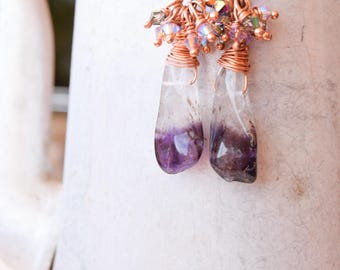Bohemian Druzy Amethyst Earrings in Bronze Wire with Pink Iridescent Swarovski Crystals, Handmade Boho Chic Jewelry, art nouveau xmas gift