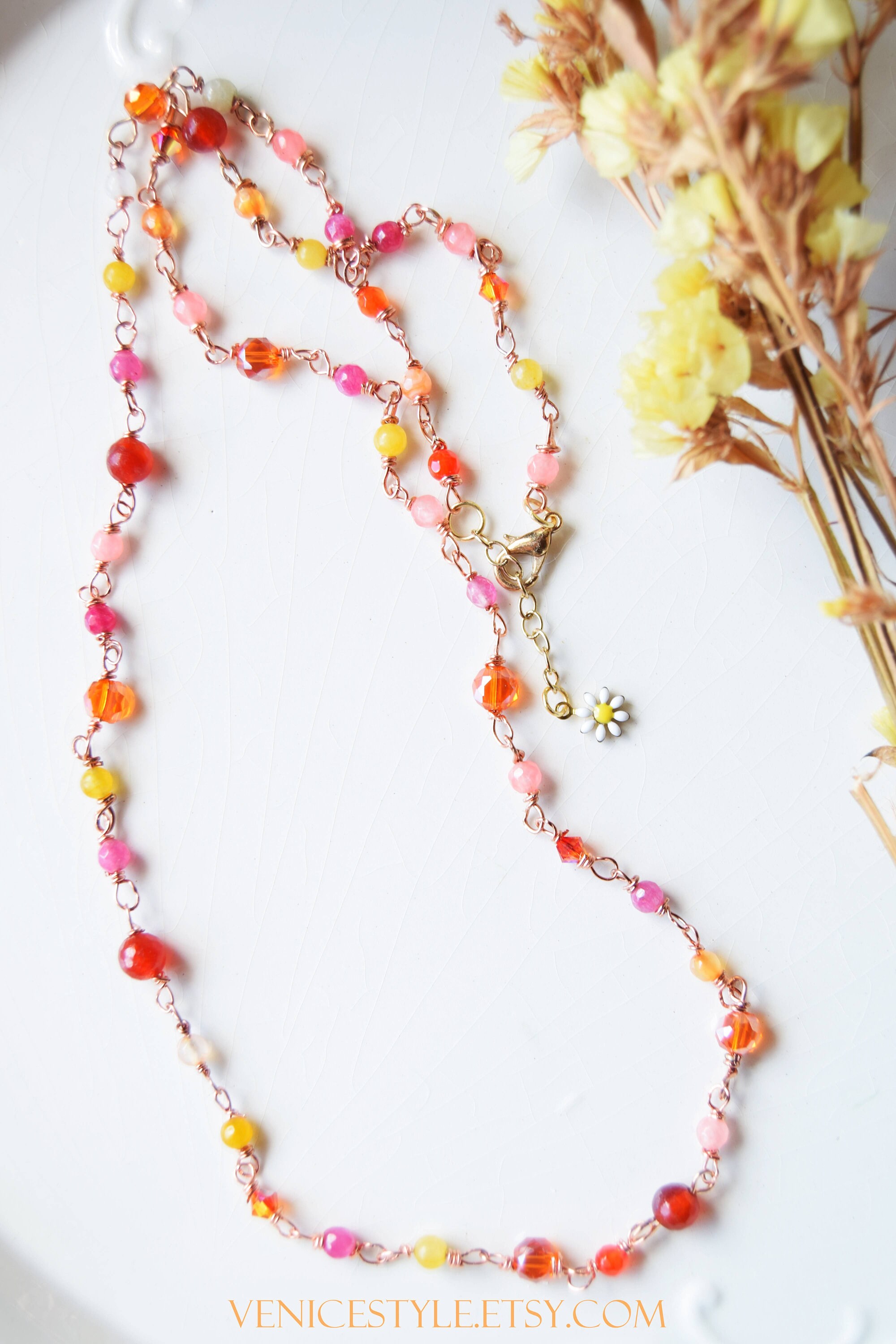 Simple rainbow agate necklace, stud orange agate necklace, little flower necklace, art nouveau necklace, elegant necklace, necklace under 30