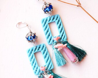 Greek eye turquoise tassels earrings, purple drop agate earrings, good luck dangle earrings, bohemian elegant earrings, valentines gift